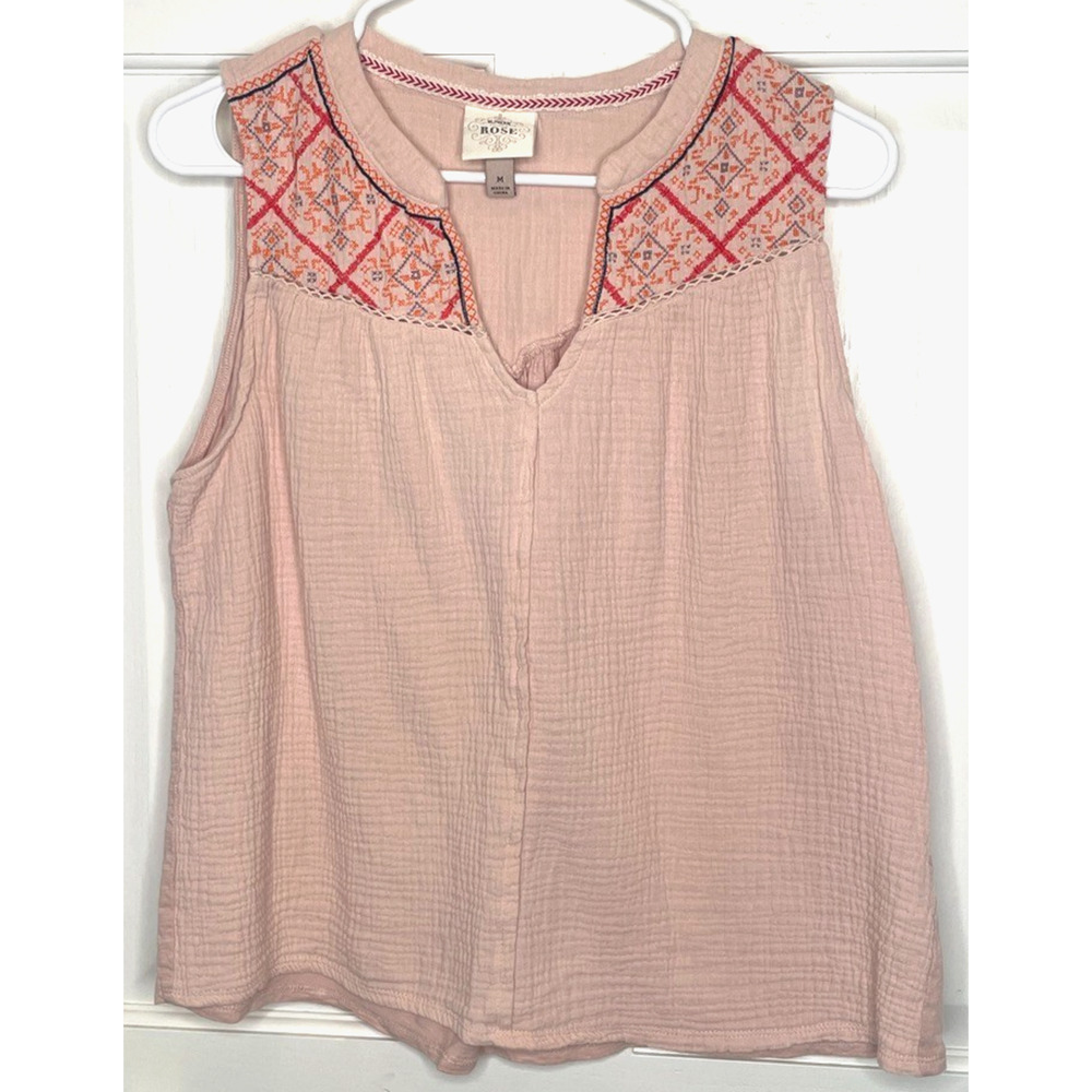Knox Rose Women's Embroidered Sleeveless Tank Top Sz M Aztec Festival Boho Flowy